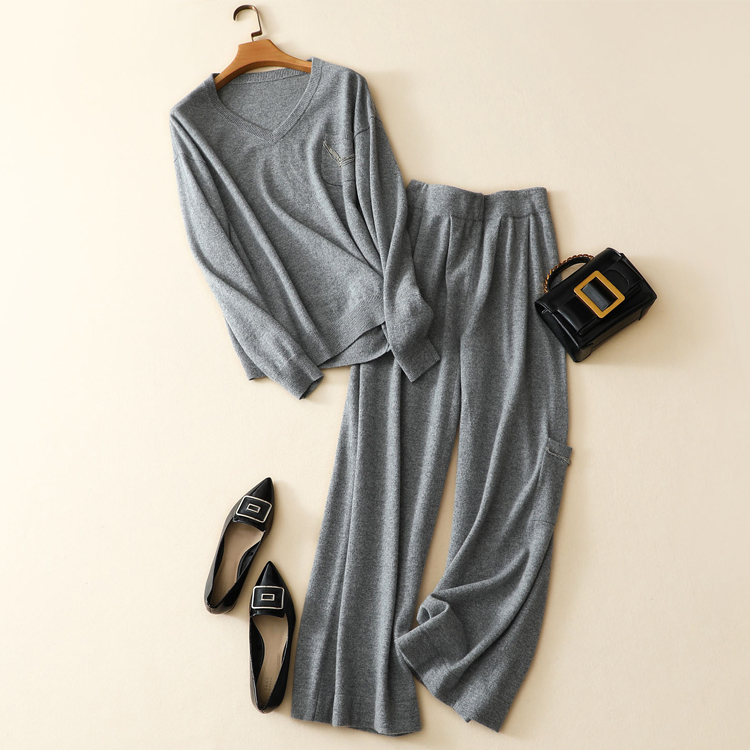 Autumn winter 100% pure cashmere cozy v neck sweater pants 2 piece set outfit sweater top twin set women