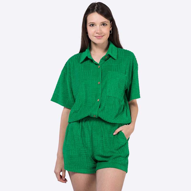 Summer Casual Women's Two Piece Shirt and Short Set Wholesale Button Custom Plus Size Home Loungewear Outfit