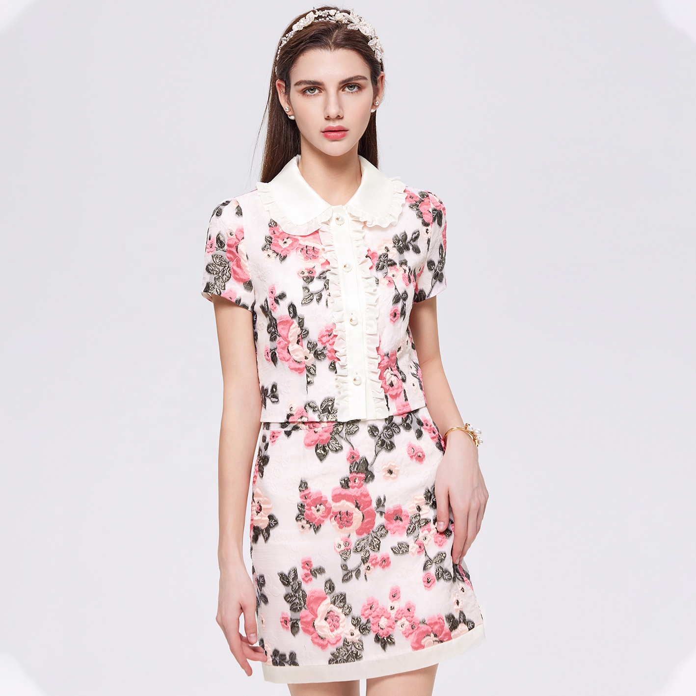 Haute couture women's elegant shirt mini skirt outfits floral jacquard embroidery ruffled formal 2pcs set women's casual suit