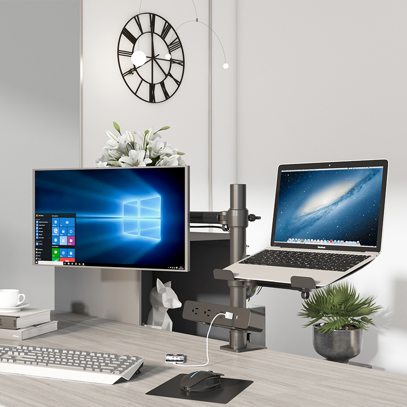 Ergonomics Height Adjustable Computer Accessories Aluminum Dual monitor arms mount with laptop tray