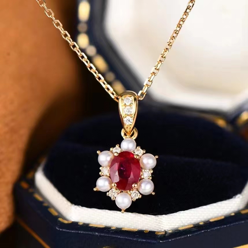 Fudian 18k Diamond Ruby Ruby Pearl Chain Oval Ruby Necklace Pearl Chain 