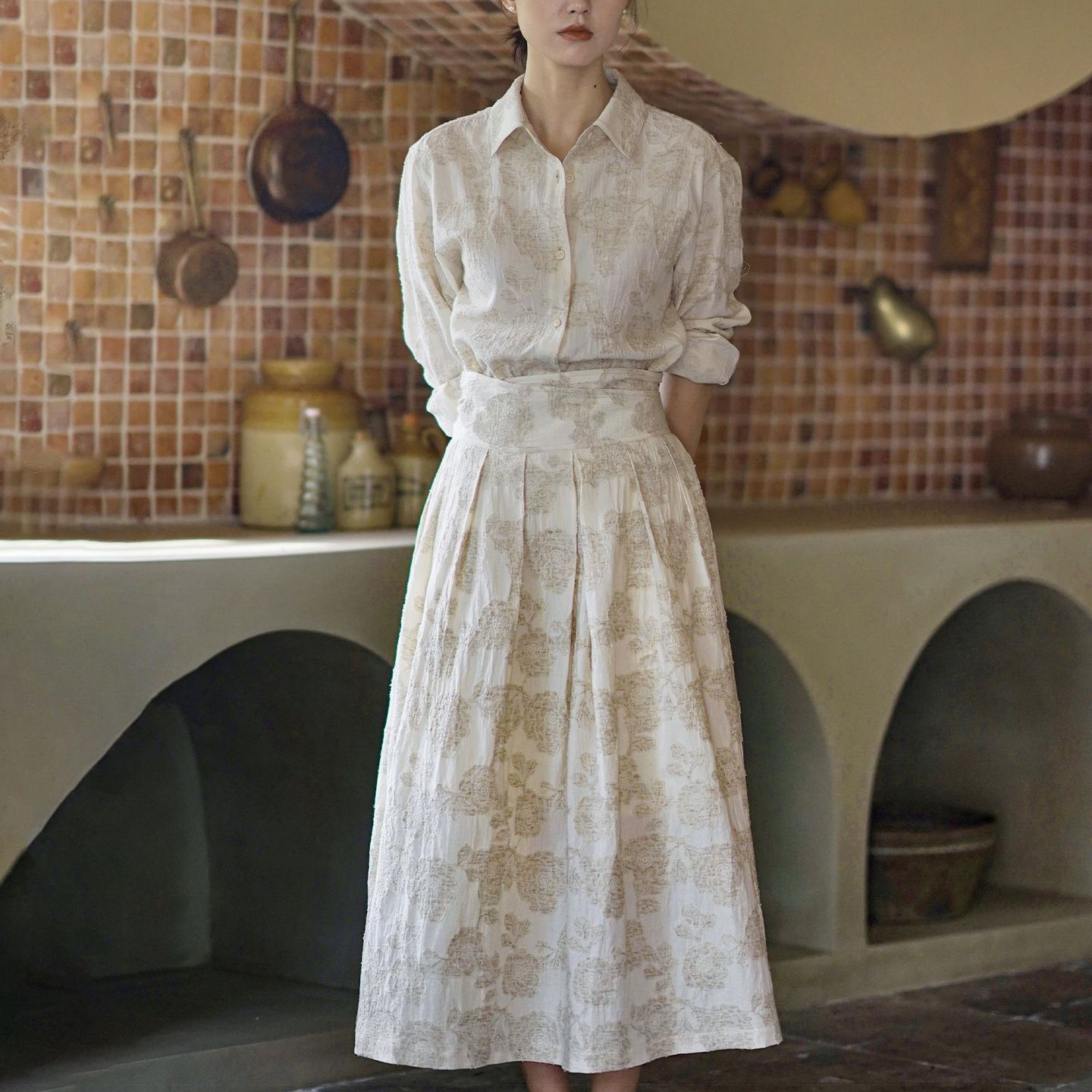 Wholesale Women's Clothing Shadow Embroidery Cotton and Linen Contracted Long sleeve Shirt  Suits,