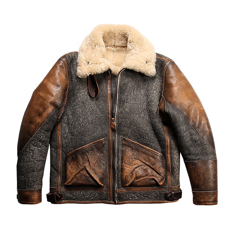 Vintage D3 Bombardier Sheep Skin Jacket Real Fur Denim Leather Sheepskin Coat Men's Winter