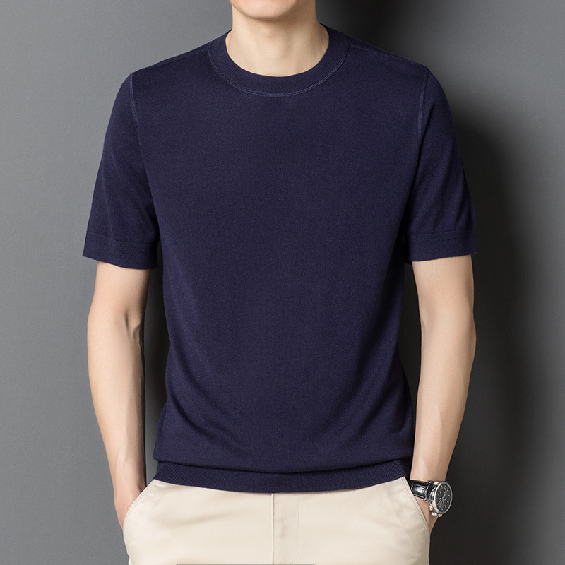 Factory Wholesale 3 Colour Men's Knitted Natural Luxury Silk Cashmere Breathable Crew Neck Short Sleeve T Shirt 