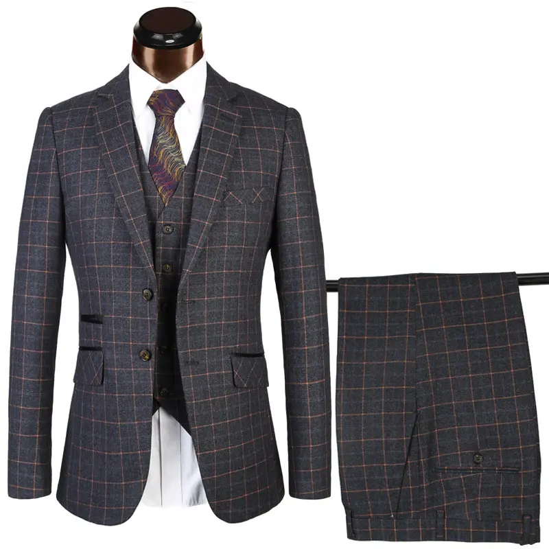Men's grey checked European size three-piece suit fashion suit British style