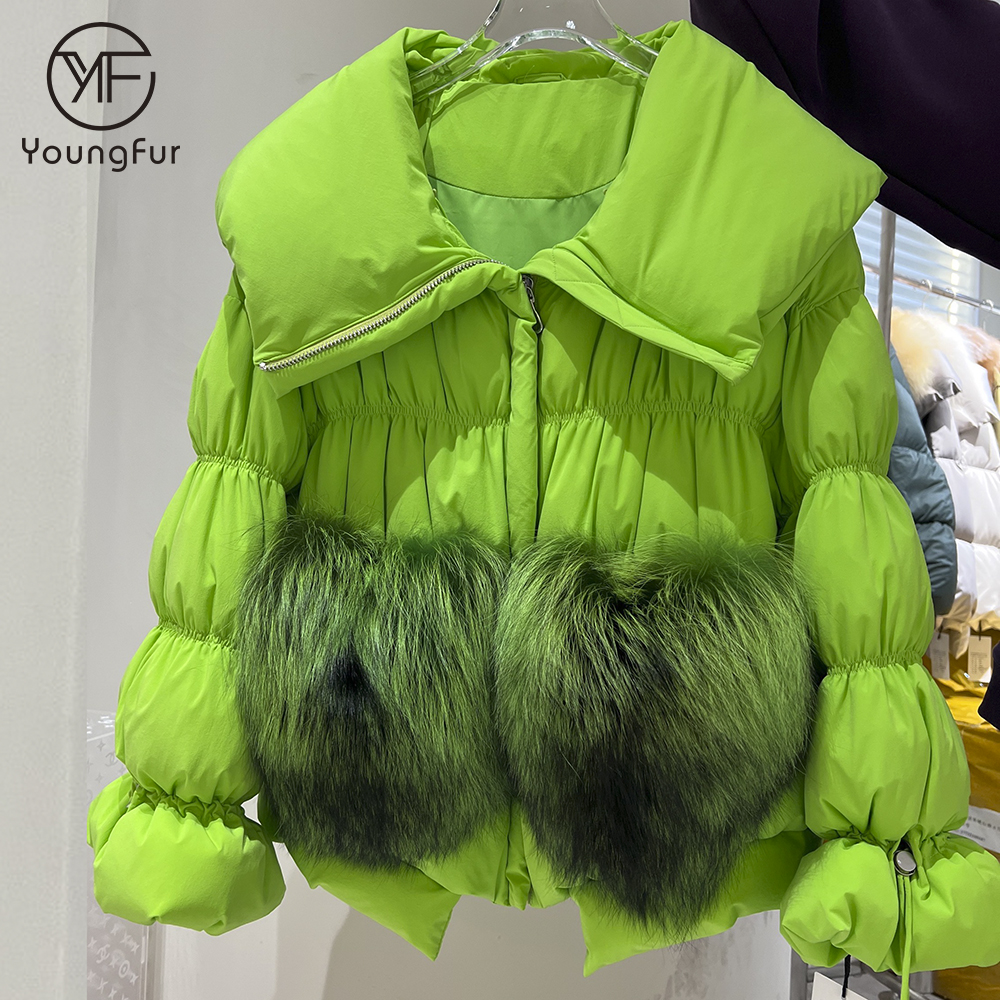 2022 New Arrival Silver Fox Fur Collar Trim Puffer Down Jackets Coats With Fur Pockets For Women Winter Fashion 
