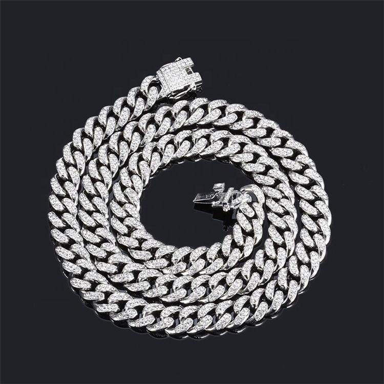 Hy 18k Gold 12mm Full Diamond European And American Black Trend Hiphop Rap Trendy Male Female Necklace Cuban Chain