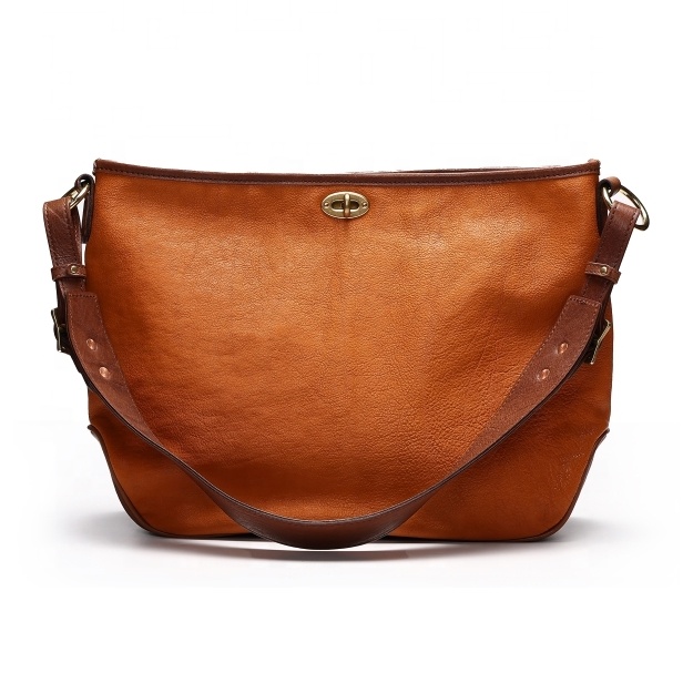 Genuine Cowhide Leather Vegetable Tanned Brass Twist Fashion Messenger Tote Bag For Women and Ladies