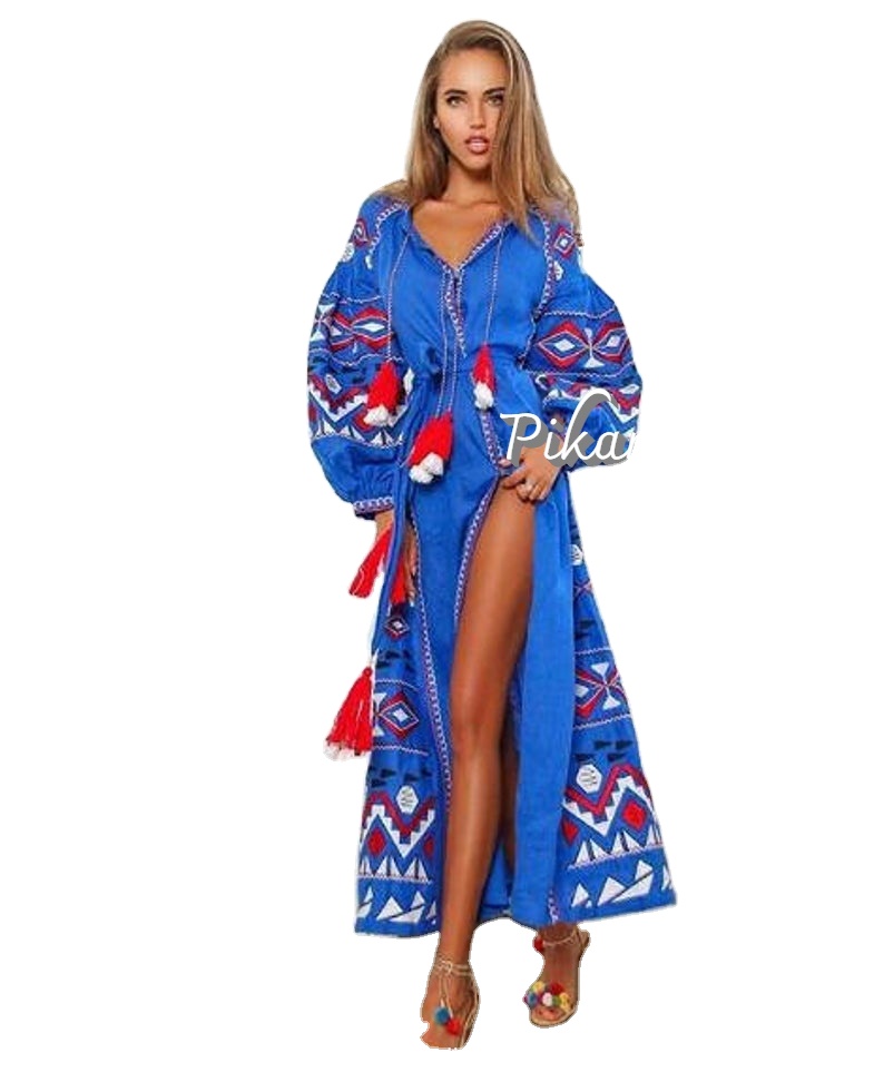 Hot Selling Dresses Embroidery Long Sleeve Dress V-neck Side Slit Women Party Wear Fancy Sprint Dress Elegant Ukrainian