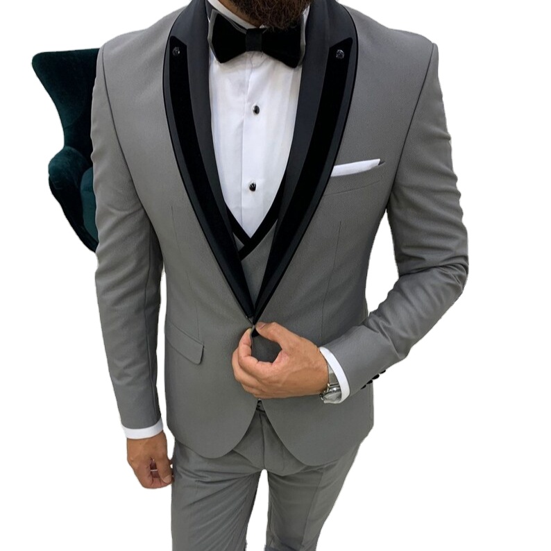 Men Stylish Grey 3 Piece Suit Wedding Businessman Date Night Formal Groom Wear Suit 
