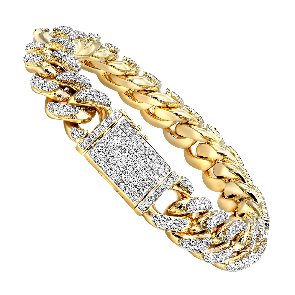 14k Gold Natural Diamond Cuban Link Hip Hop Bracelet For Men's