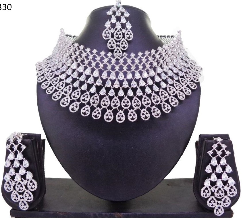 American Diamond Choker Necklace Rhodium Plated With Earrings 