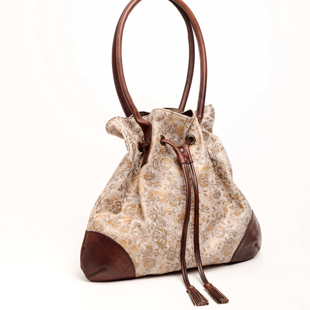 Top Quality Italian Handmade Woman's Genuine Leather Bag With Circular Handles Lucrezia Golden Rose 