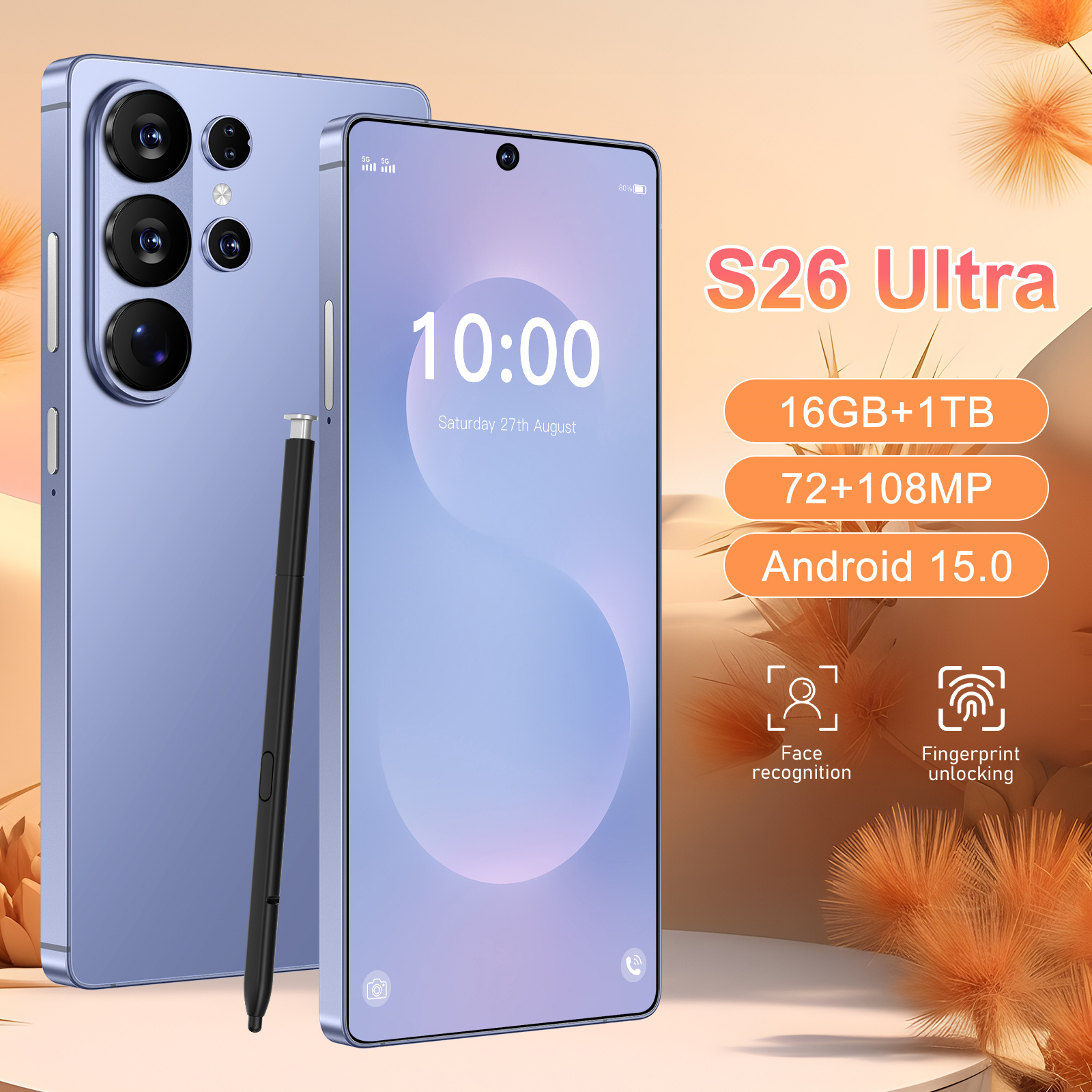 S26 Ultra 5G Android Smartphone 7.3inch HD Screen Dual SIM Dual Standby Mobile Phone Unlocked Global Version Stylus Pen LTE Connection Mobile Phone