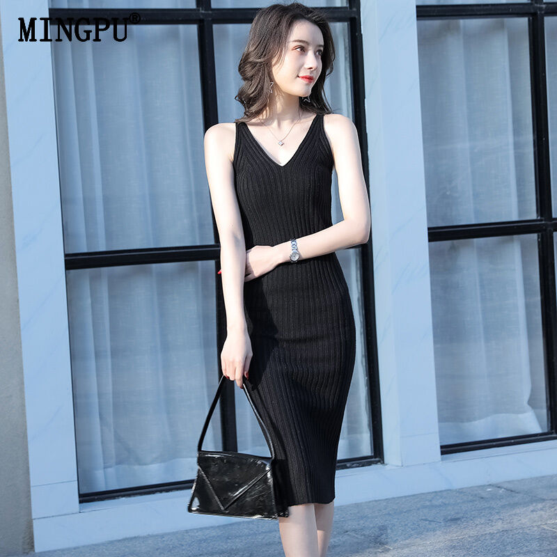 Mid-Length Ice Silk Knitting Dress Spring and Autumn Slim Sleeveless Sheath Sweater Bottoming Shirt Sling Vest Dress Long Skirt