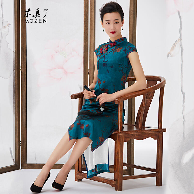 Muzhen Improved Cheongsam Long New Retro Silk Dress Middle-aged Women Dress Banquet Formal Dress 920