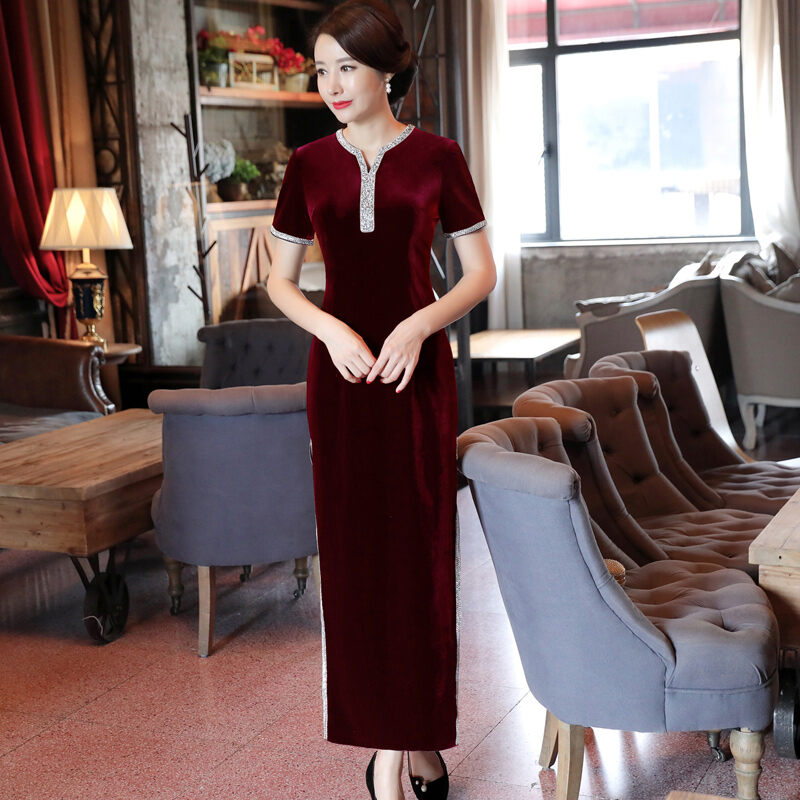 Long Sleeve Wedding Middle-aged Women Dress Formal Dress Cheongsam Dress 2022 Spring Velvet Long Chinese Western Style Clothing