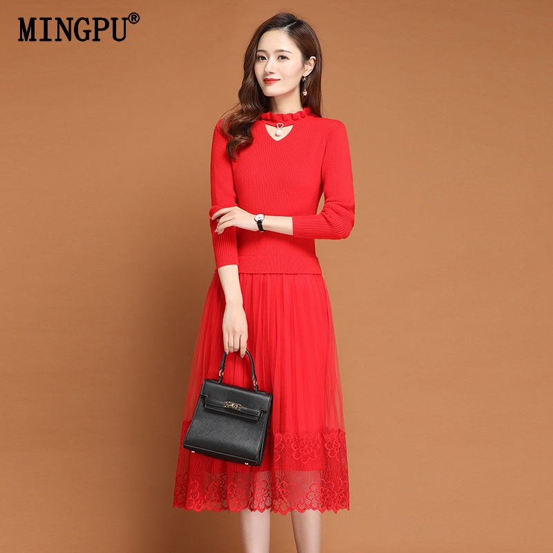 Knit Dress Spring, Autumn and Winter New Fashion European and American Style Fashionable Fake Two-Piece Suit Sweater Skirt Figure Flattering Lace Dress
