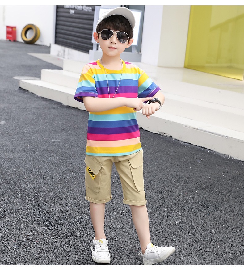 Children Short Sleeve Stripe Outfits 2Pcs Set Big Boys Kids Cotton T-shirt Tops + Short Pants Summer Casual Trendy Children's Clothes Set [S180]