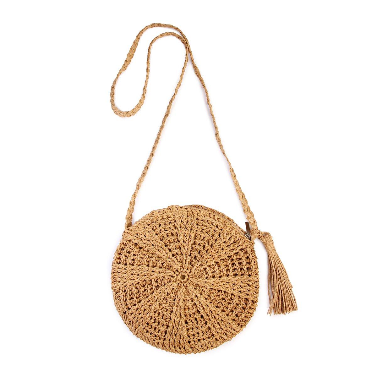 Rattan Crochet Straw Woven Basket Bali Handbag Round Circle Crossbody Shopper Beach Tote Bag（Light Brown）
