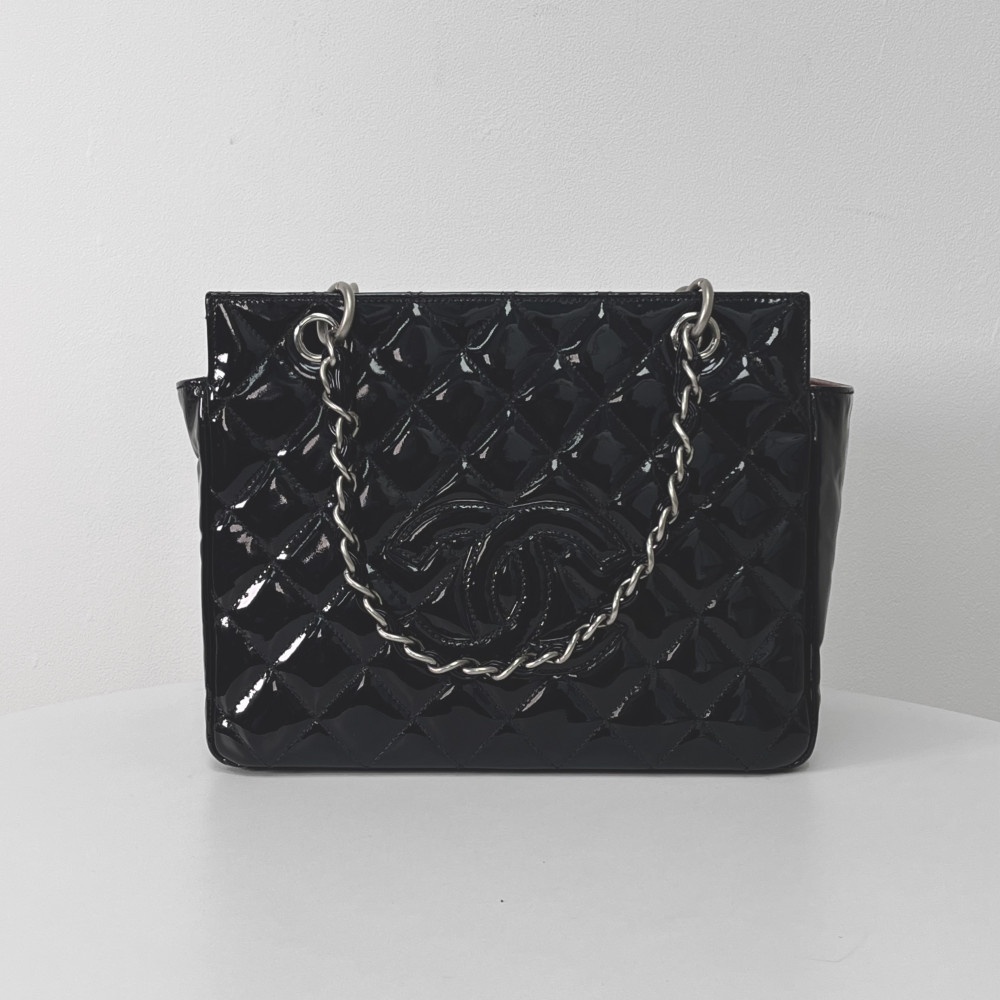 Vintage Chanel Black Patent CC Square Silver Chain Tote Bag