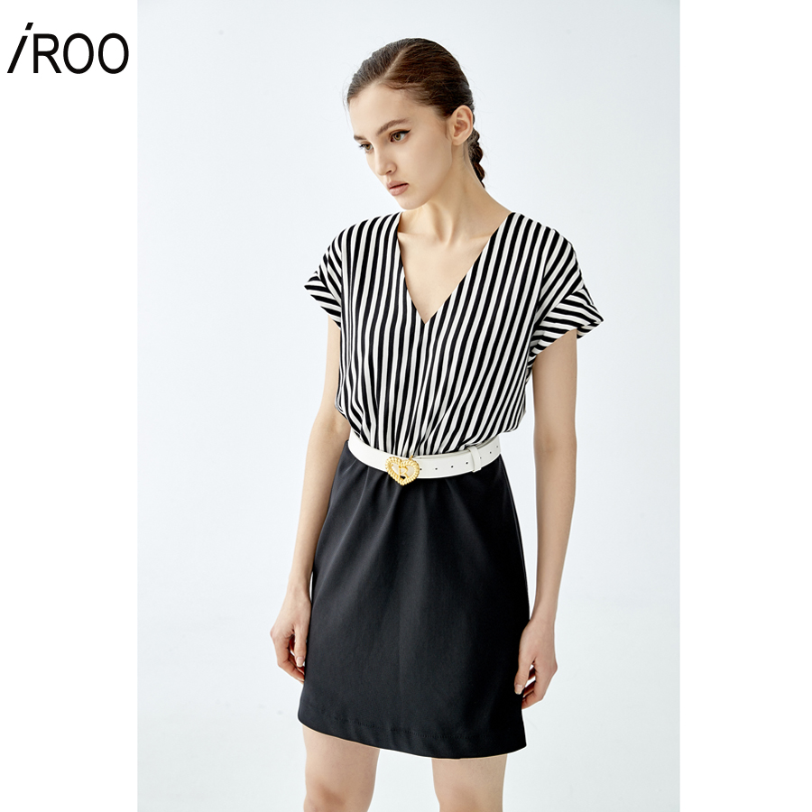 iROO Woman Clothing Short Stripe Dress With Solid Colour Skirt