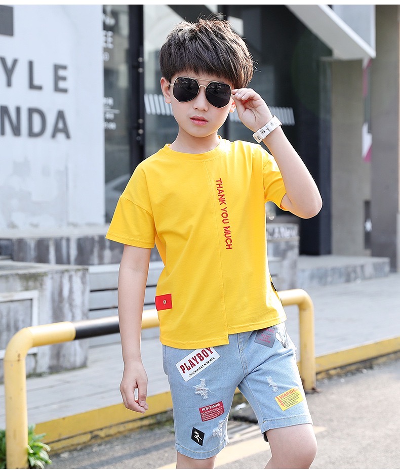 Children Short Sleeve Yellow Plain Outfits 2Pcs Sets Children Kids  Cotton T-shirt Tops + Shorts Summer Casual Trendy Children's Clothes Set [US004]